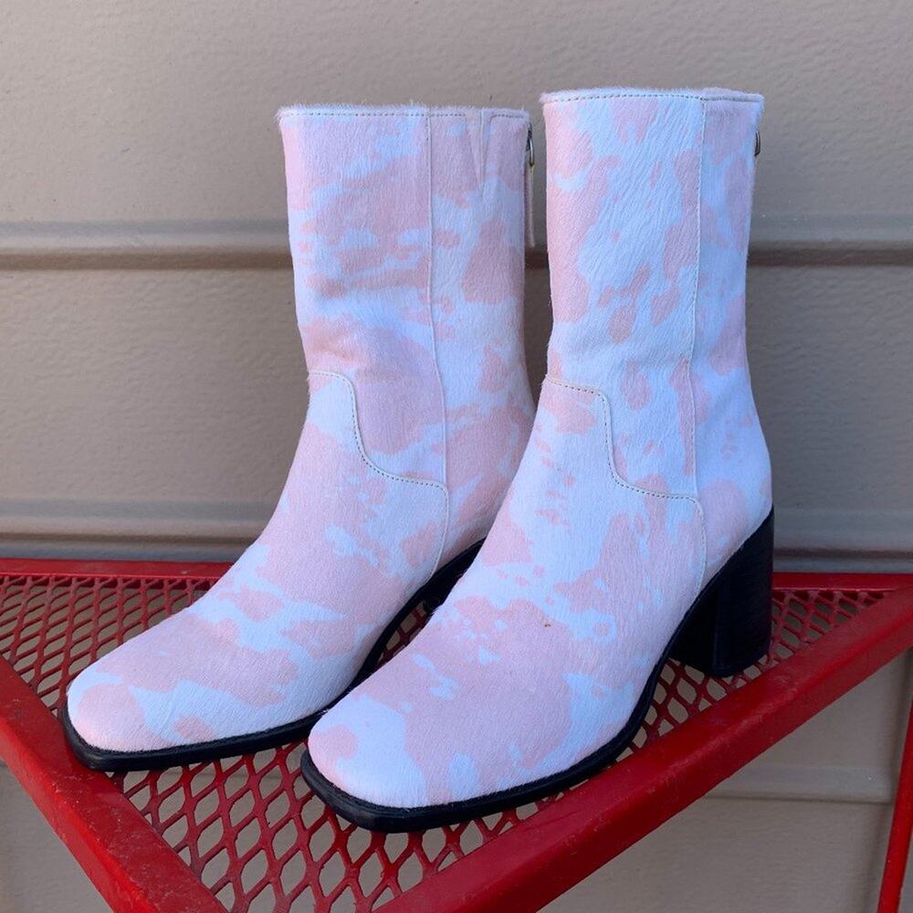 Intentionally Blank PG Moo Boots in Baby Pink Soft Cow Print Western Heels